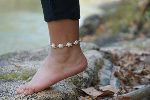 Marble Turtle Beads Silver Single Strand Anklet