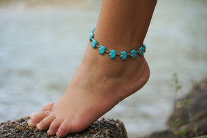 Turquoise Elephant Beads Silver Single Strand Anklet