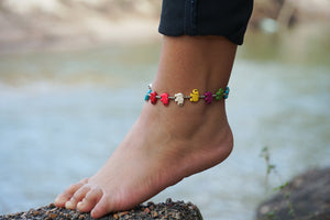 Multicolor Elephant Beads Silver Single Strand Anklet