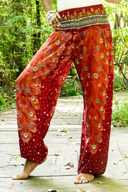 Burgundy Peacock Feather Harem Pants