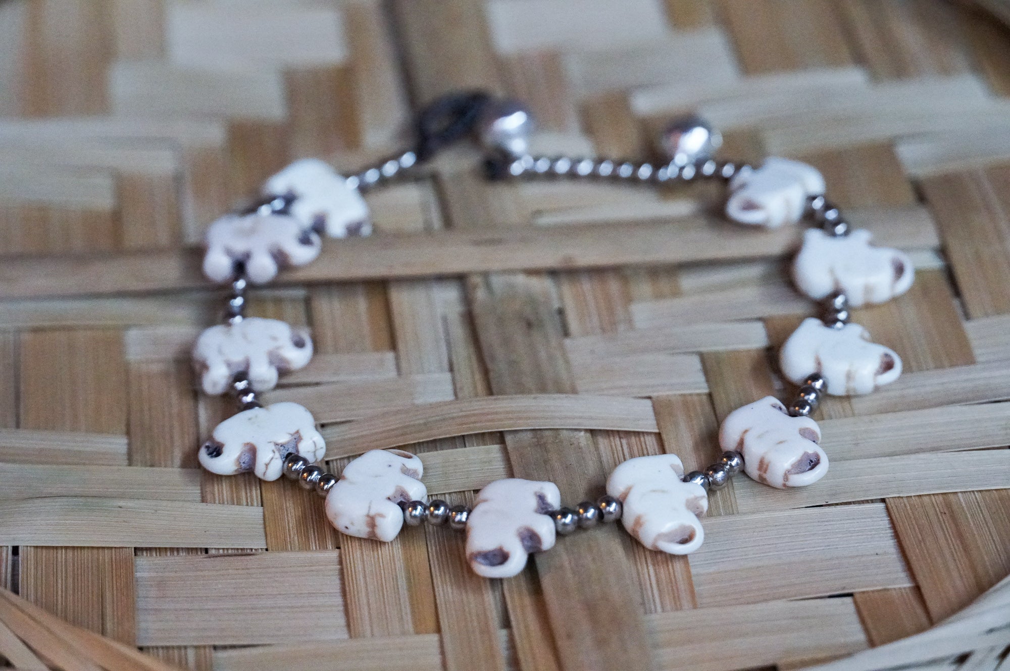 Marble Elephant White Silver Single Strand Anklet