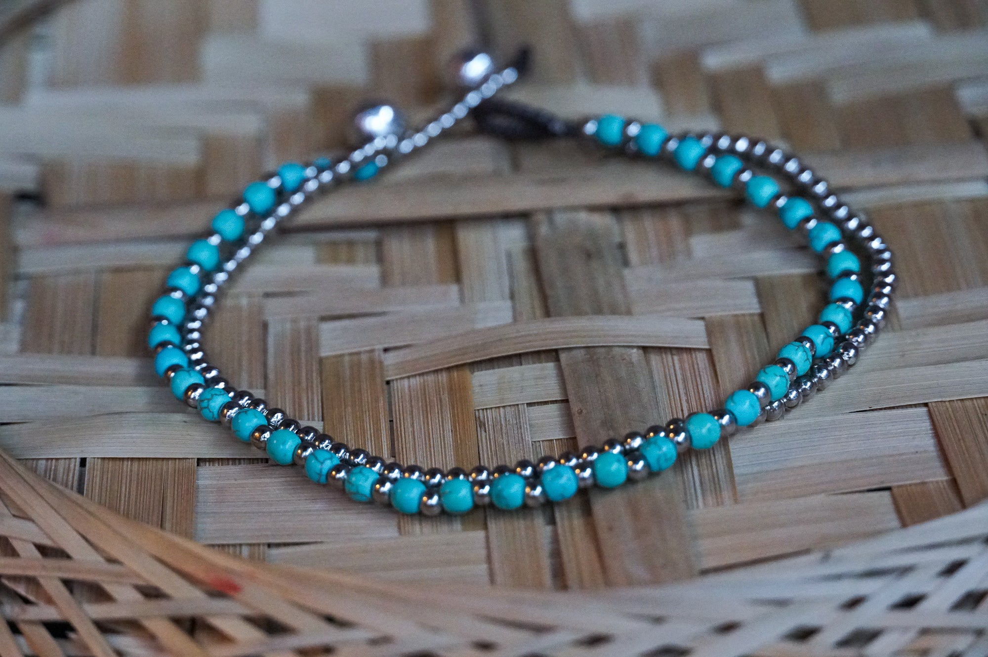 Turquoise Beads Silver Double Strands Anklet