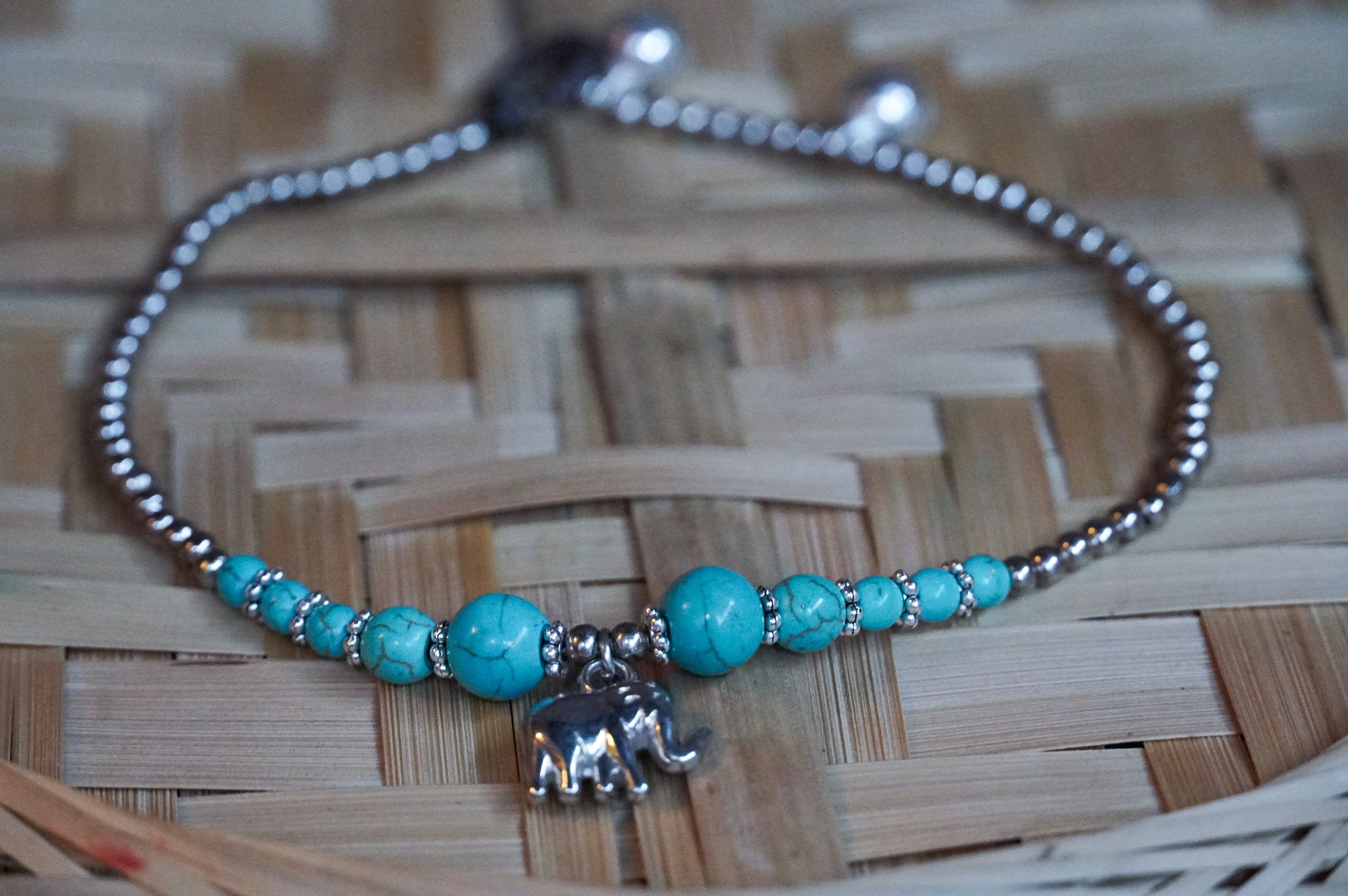 Turquoise Elephant Beads Silver Single Strand Anklet