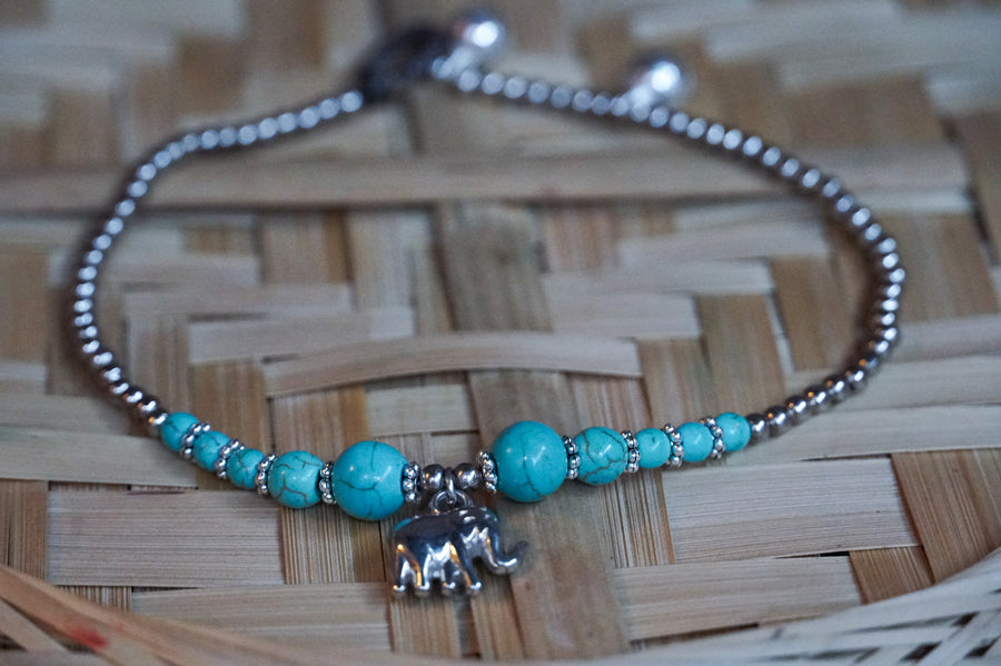 Turquoise Elephant Beads Silver Single Strand Anklet