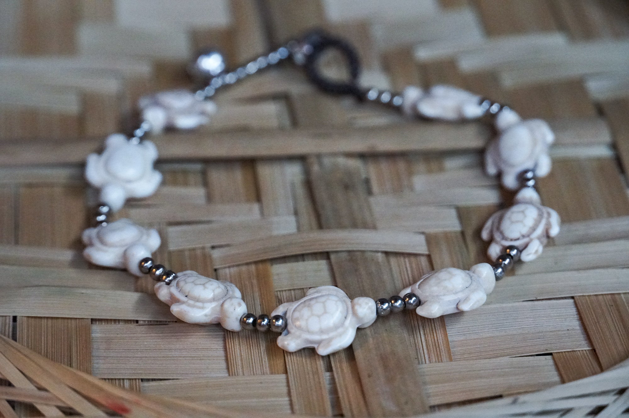 Marble Turtle Beads Silver Single Strand Anklet