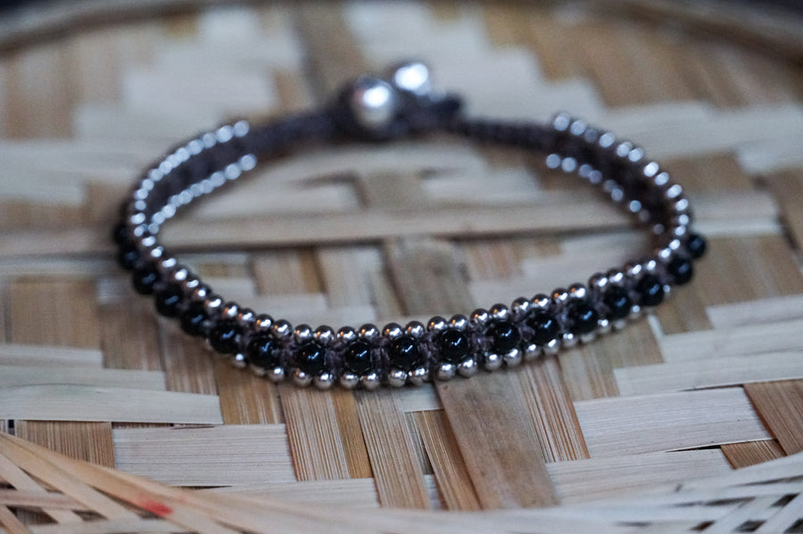 Black Beads Silver Single Strand Anklet