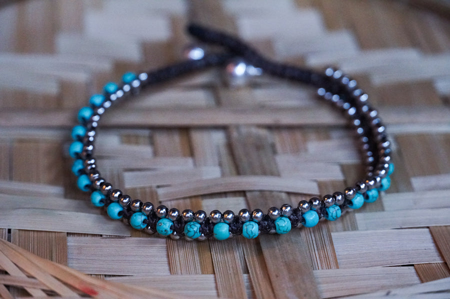 Turquoise Beads Silver Single Strand Anklet