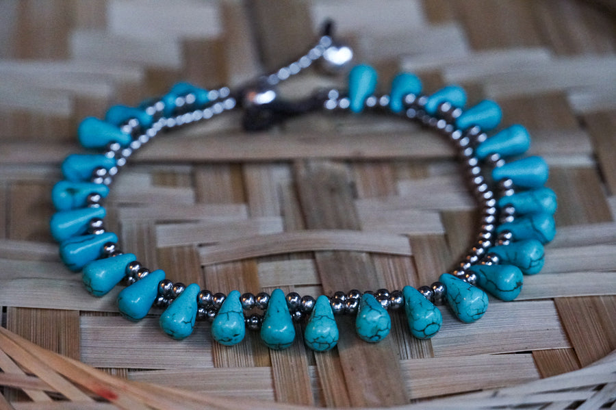 Turquoise Beads Silver Double Strands Anklet