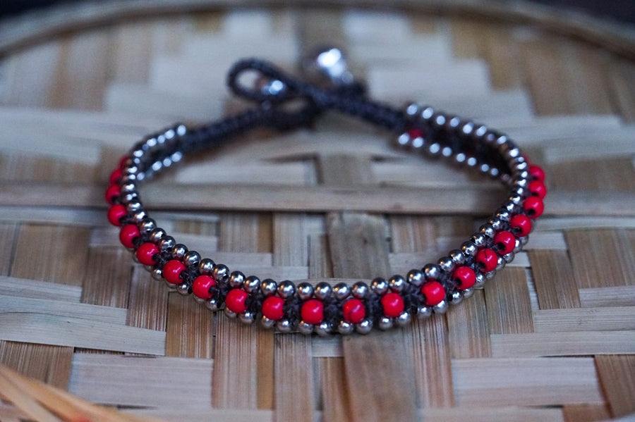 Red Beads Silver Single Strand Anklet