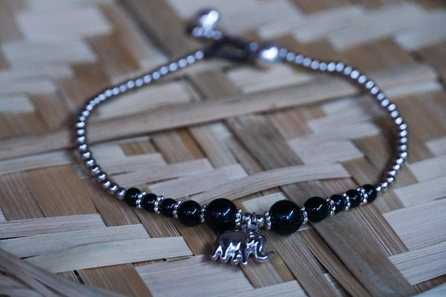 Black Elephant Beads Silver Single Strand Anklet