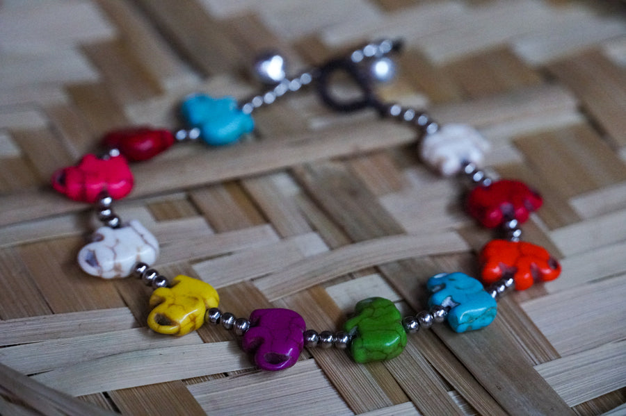 Multicolor Elephant Beads Silver Single Strand Anklet