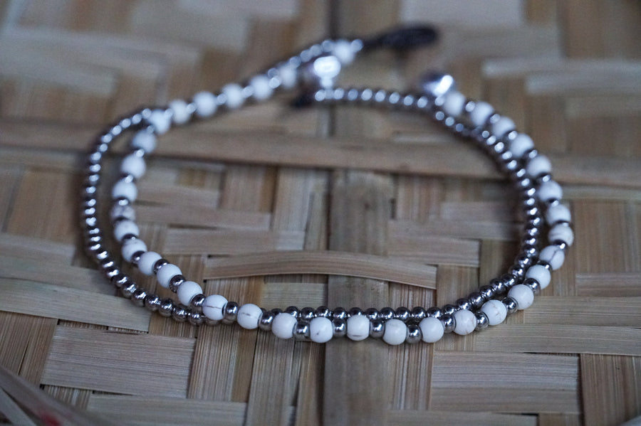 White Beads Silver Double Strands Anklet