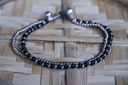 Black Beads Silver Double Strands Anklet