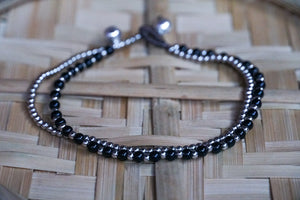 Black Beads Silver Double Strands Anklet