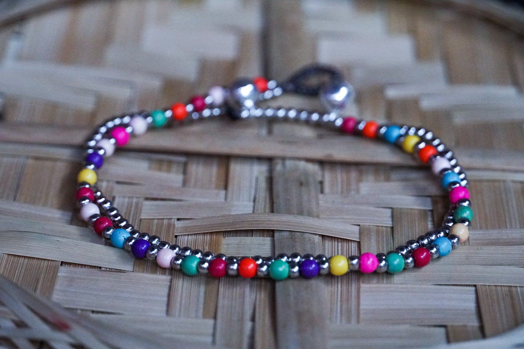 Multicolor Beads Silver Double Strands Anklet