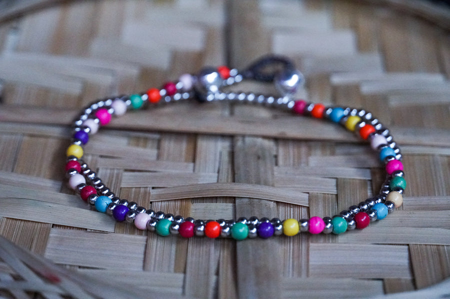 Multicolor Beads Silver Double Strands Anklet