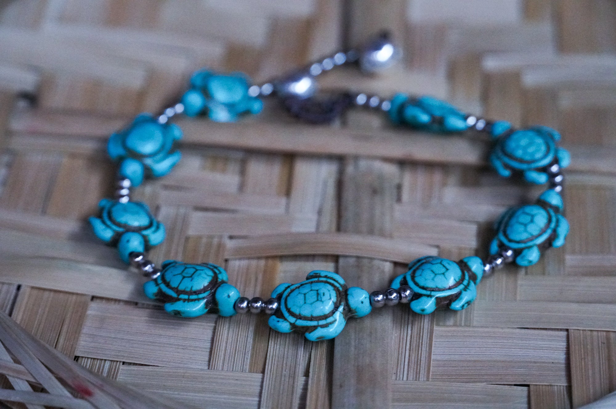 Turquoise Turtle Beads Silver Single Strand Anklet