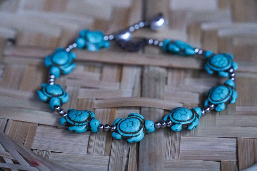 Turquoise Turtle Beads Silver Single Strand Anklet
