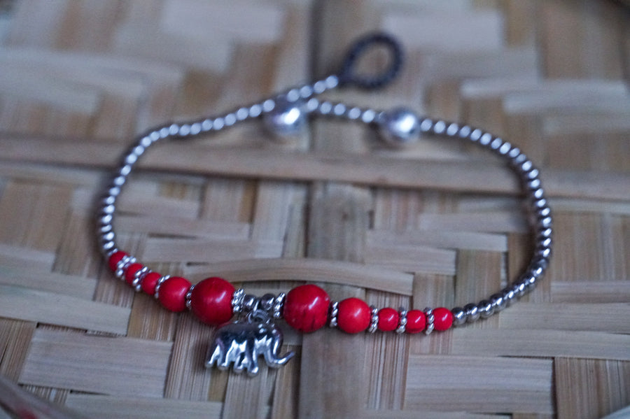 Red Elephant Beads Silver Single Strand Anklet