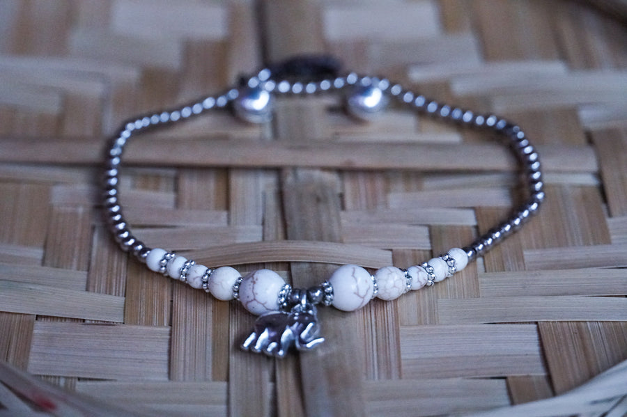 White Elephant Beads Silver Single Strand Anklet