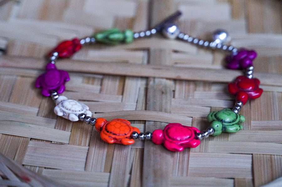 Multicolor Turtle Beads Silver Single Strands Anklet