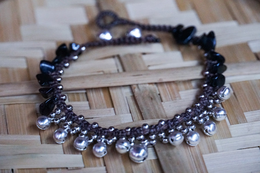 Black Bell Stone Silver Single Strand Anklet