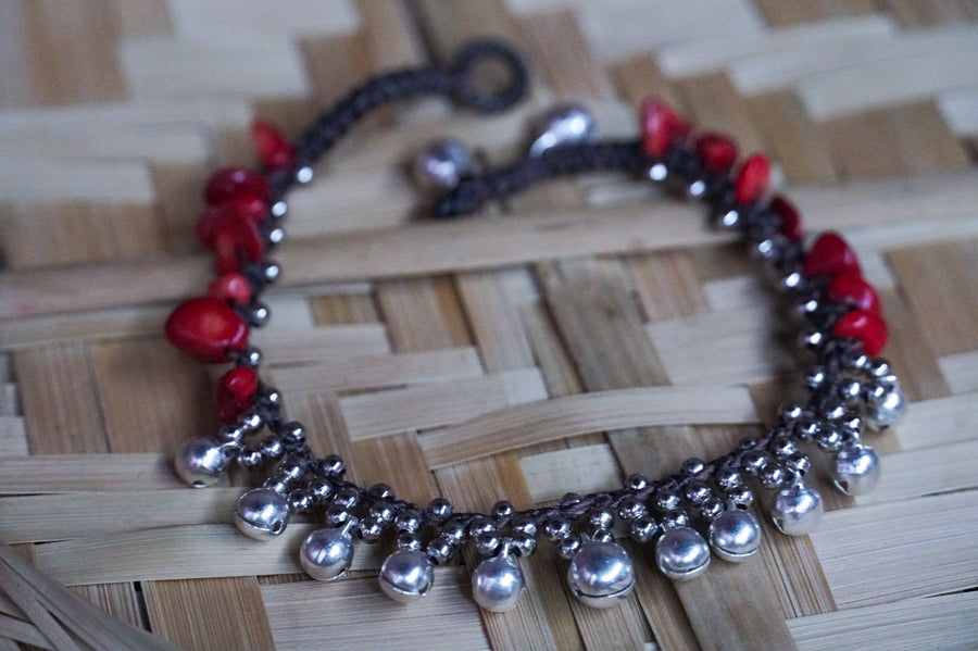 Red Bell Stone Silver Single Strand Anklet