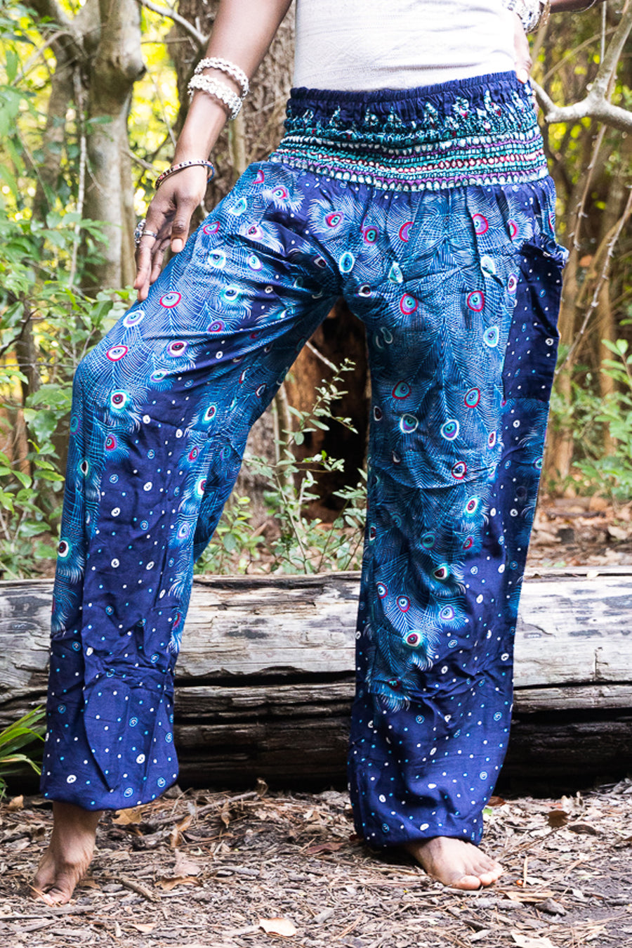 Blue Peacock Feather Harem Pants