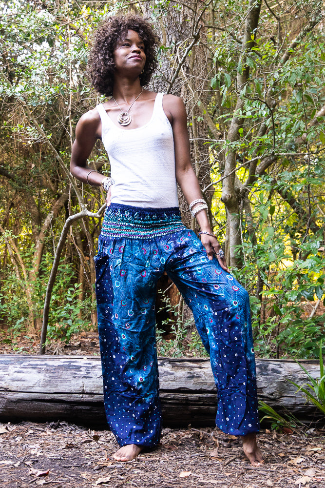 Blue Peacock Feather Harem Pants