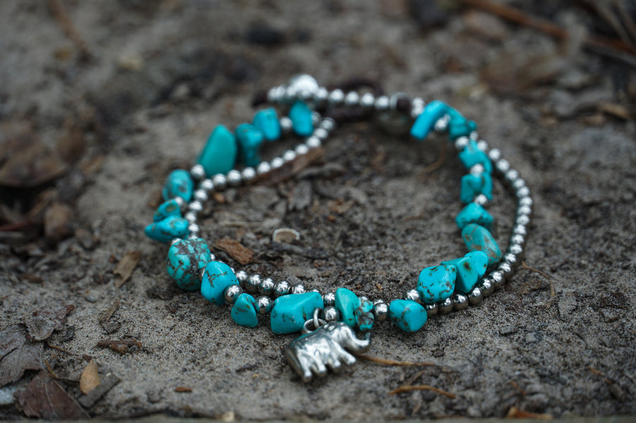 Turquoise Elephant Beaded Stone Double Strand Silver Bracelet