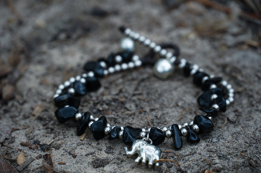 Black Double Stranded Elephant Stone Anklet