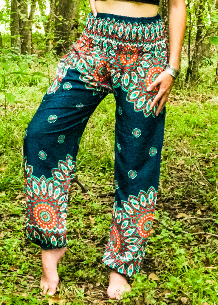 Teal Harem Pants Mandala Flower Print Smock Waist Hippie Trousers Yoga Pants